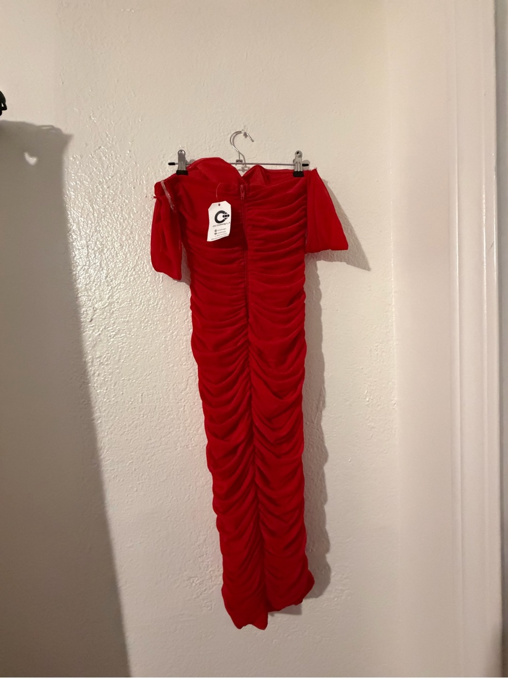 Red Ruched Off-Shoulder Bodycon Dress - Picture 2 of 3
